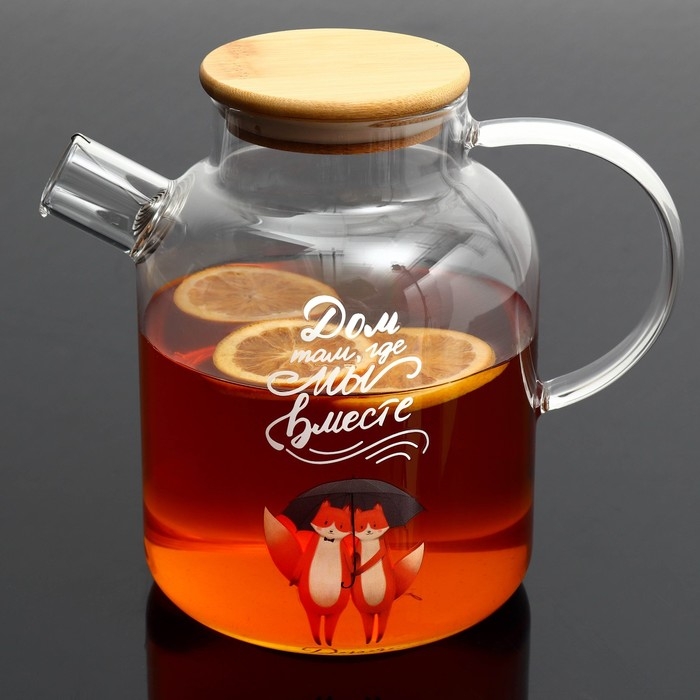 Чайник стеклянный заварочный с бамбуковой крышкой «Дом там, где мы вместе», 1700 мл Чайник стеклянный заварочный с бамбуковой крышкой «Дом там, где мы вместе», 1700 мл