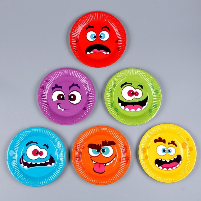 Тарелка одноразовая бумажная Тарелка одноразовая бумажная "Монстрики",микс, 18 см, набор 6 штук