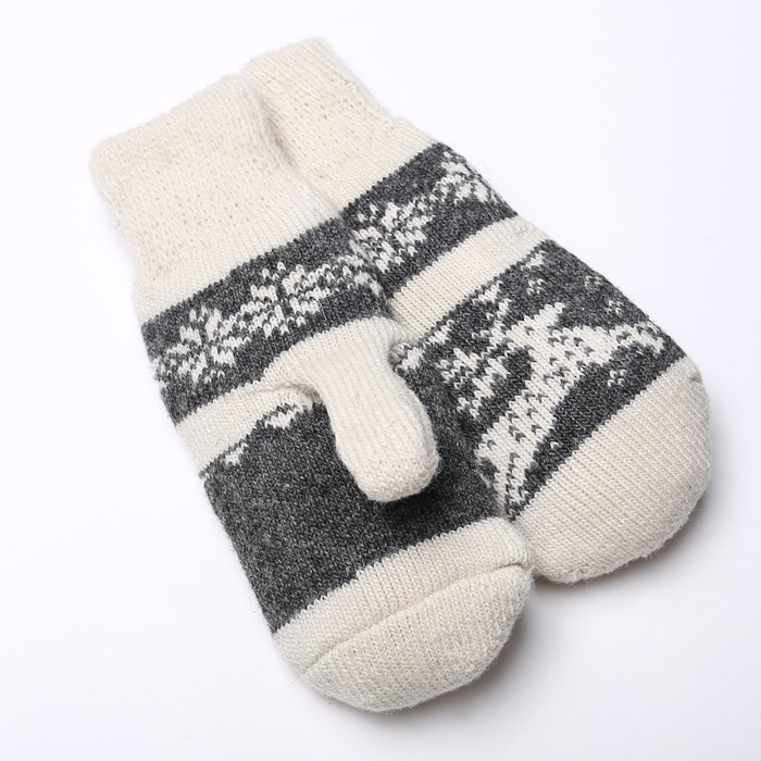 Новый год. Варежки женские шерстяные, цвет белый/серый, размер 20-22 Новый год. Варежки женские шерстяные, цвет белый/серый, размер 20-22