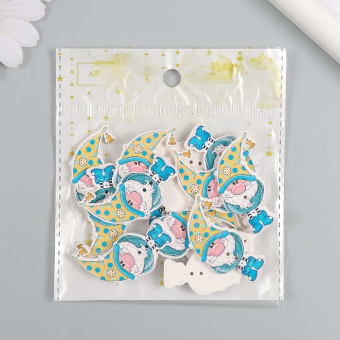 Пуговицы дерево для творчества 2 прокола Пуговицы дерево для творчества 2 прокола "Гном в колпаке в горох" набор 15 шт 2х4 см