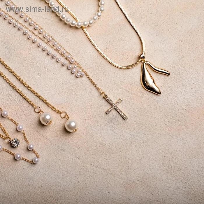 Кулон «Цепь» нить из жемчуга, крестик плавный, цвет белый в золоте, 35 см Кулон «Цепь» нить из жемчуга, крестик плавный, цвет белый в золоте, 35 см