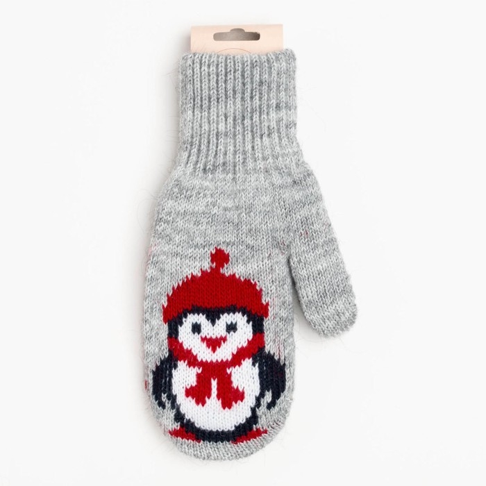 Новый год. Варежки двойные детские, цвет серый/пингвин, размер 10 (0-3 года)
