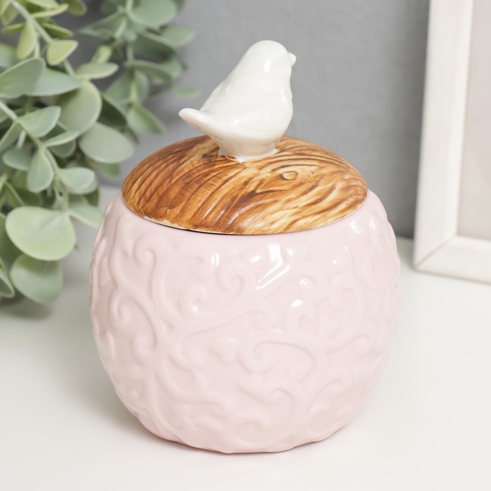 Шкатулка керамика круглая Шкатулка керамика круглая "Белая птичка" розовый 9х9х12,5 см