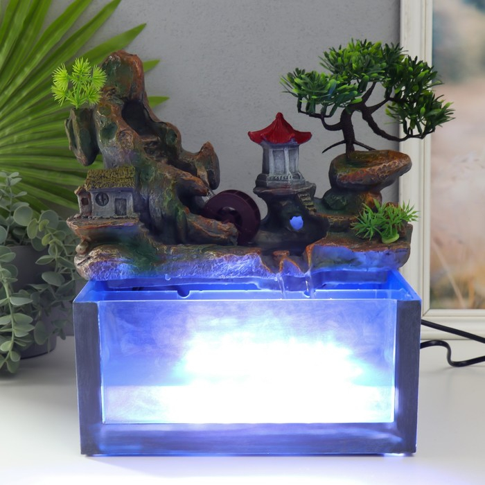 Фонтан настольный от сети, подсветка + аквариум "Пагода на вершине" 32х21х30 см