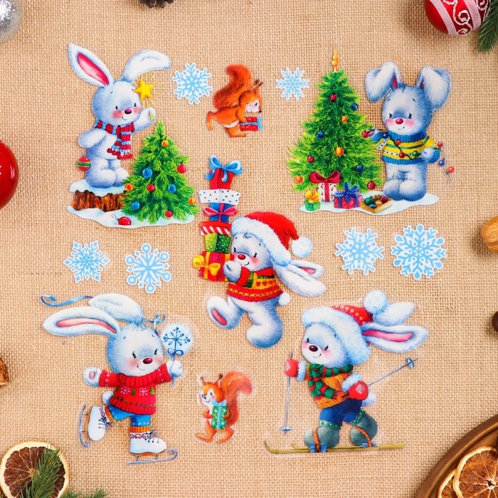 Набор наклеек оформительский  Набор наклеек оформительский "Зимние зайки" 49,3х33,6см