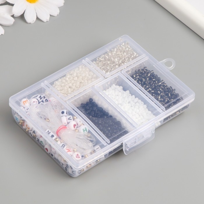 Бисер стекло 8/0 в шкатулке  Бисер стекло 8/0 в шкатулке "Чёрно-белый" бусины + нить 0,8 мм 5 м 12х8,4х2,2 см