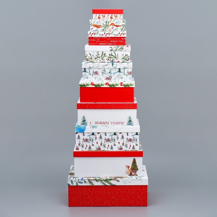Набор подарочных коробок 10 в 1 «Новогодняя акварель», 12 х 7 х 4 - 32.5 х 20 х 12.5 см, Новый год