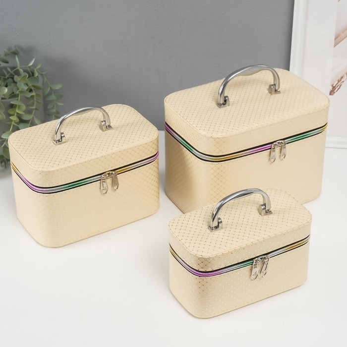 Шкатулка кожзам с зеркалом Шкатулка кожзам с зеркалом "Ромбы" сливки набор 3 шт 19х10,5х10,5 21х13х14 15х23х17 см