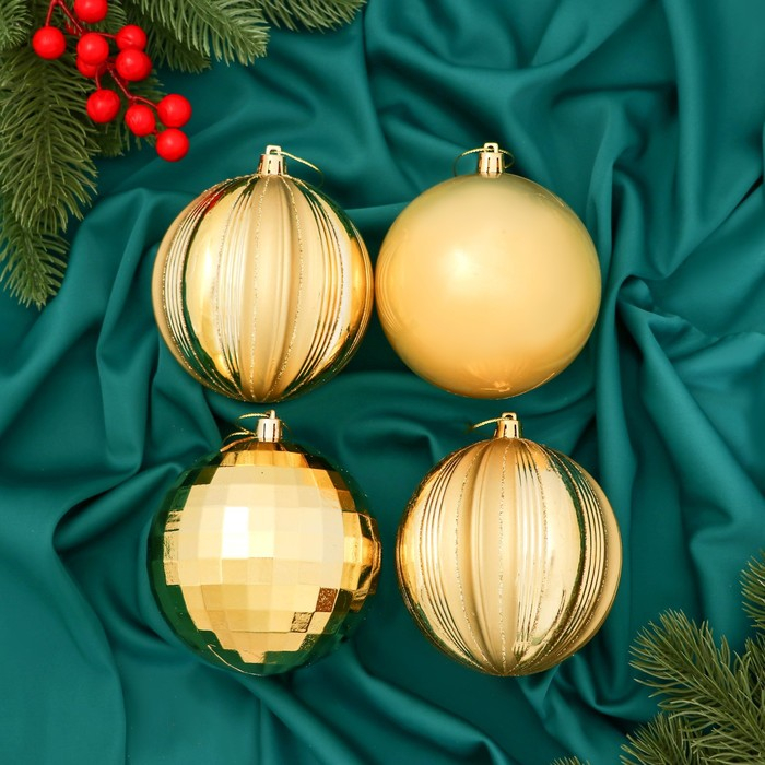 Набор шаров пластик d-10 см, 4 шт Набор шаров пластик d-10 см, 4 шт "Чары" золото