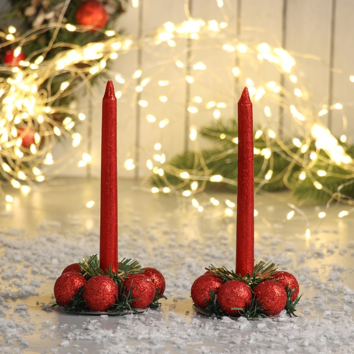 Свеча новогодняя с подсвечником  Свеча новогодняя с подсвечником "Шарики" (набор 2 шт) 15 см