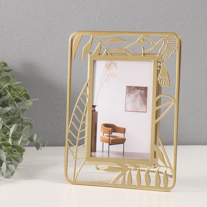 Фоторамка металл на 1 фото 10х15 см "Птичка колибри" золото 16,5х21,5 см