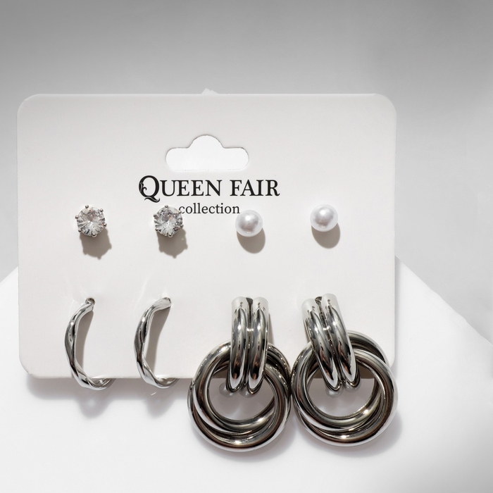 Серьги набор 4 пары «Летние истории» кольца и плетение, цвет белый в серебре