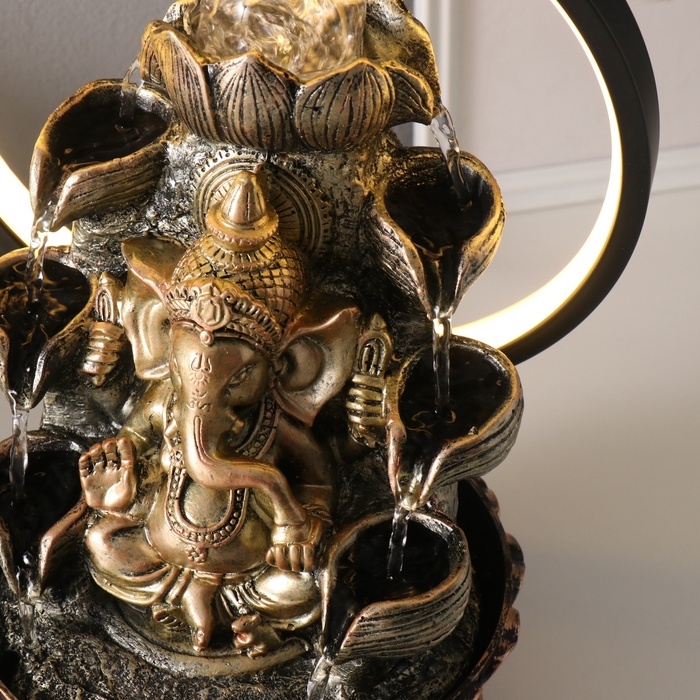 Фонтан настольный полистоун от сети, подсветка "Ганеша в золотом под водопадами" 25х20х34 см   10692