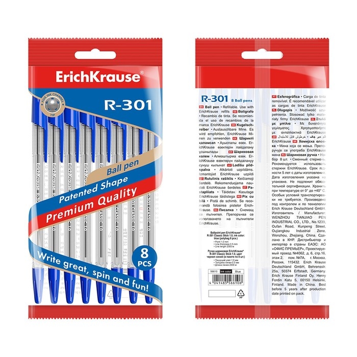 Набор ручек шариковых ErichKrause R-301 Classic Stick, 8 штук, узел 1.0 мм, цвет чернил синий Набор ручек шариковых ErichKrause R-301 Classic Stick, 8 штук, узел 1.0 мм, цвет чернил синий