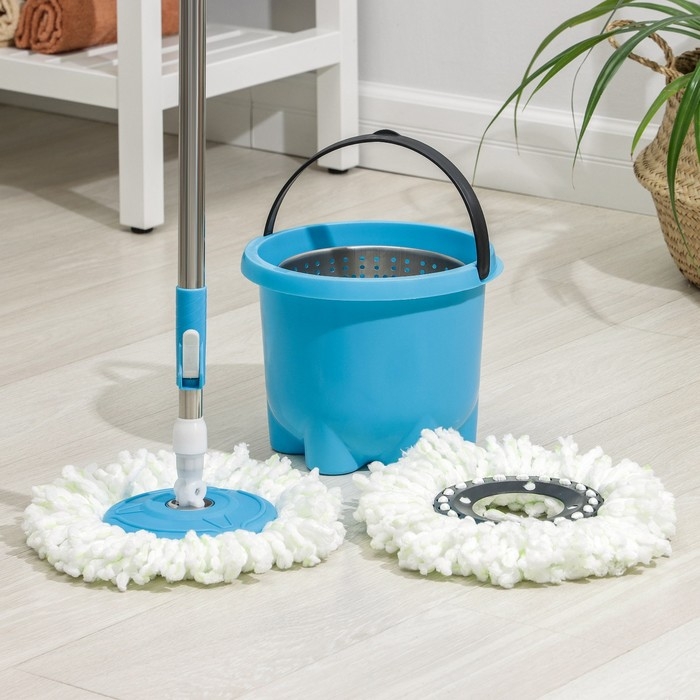 Швабра с отжимом и ведро: ведро с металлической центрифугой 7,2 л, швабра с телескопическим черенком 76-105 см, запасная насадка из микрофибры, цвет МИКС Швабра с отжимом и ведро: ведро с металлической центрифугой 7,2 л, швабра с телескопическим черенком 76-105 см, запасная насадка из микрофибры, цвет МИКС