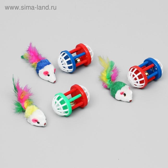 Набор игрушек для кошек: мышь 5 см и игрушка с бубенчиком  Набор игрушек для кошек: мышь 5 см и игрушка с бубенчиком "Амфитеатр" 6,8х4 см, микс цветов