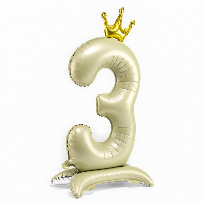 Шар фольгированный 42 Шар фольгированный 42" «Цифра 3 с короной» на подставке, цвет взбитые сливки