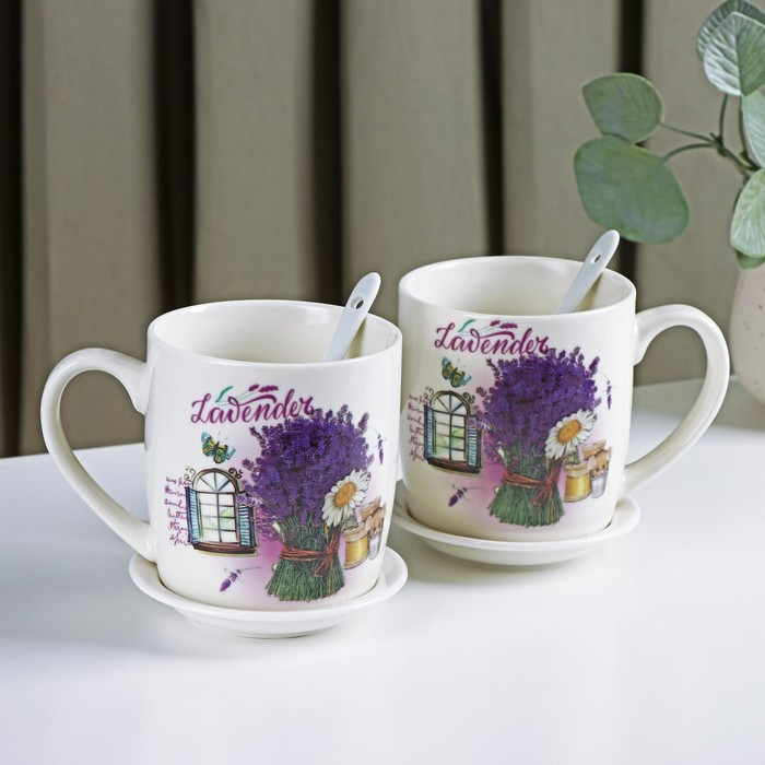 Набор кружек керамических с ложками и подставками &laquo;Букет лаванды&raquo;, 2 предмета: 330 мл, рисунок МИКС