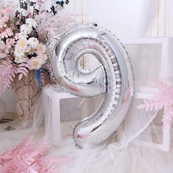 Шар фольгированный 40 Шар фольгированный 40", цифра 9, цвет серебряный
