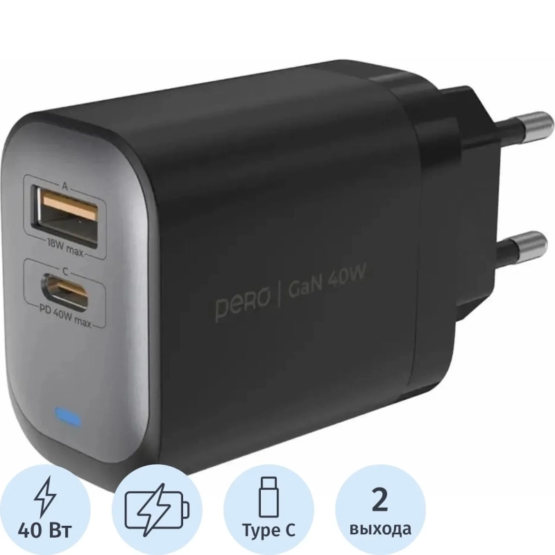 Зарядное устройство сет. PERO TC28 ULTIMATE GAN USB-A + USB-C, 40W черный