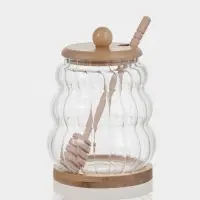 Баночка для мёда и варенья &laquo;Эко. Рельеф&raquo;, 9&times;12.5 см, с бамбуковой крышкой и ложной, на подставке, стекло, прозрачная