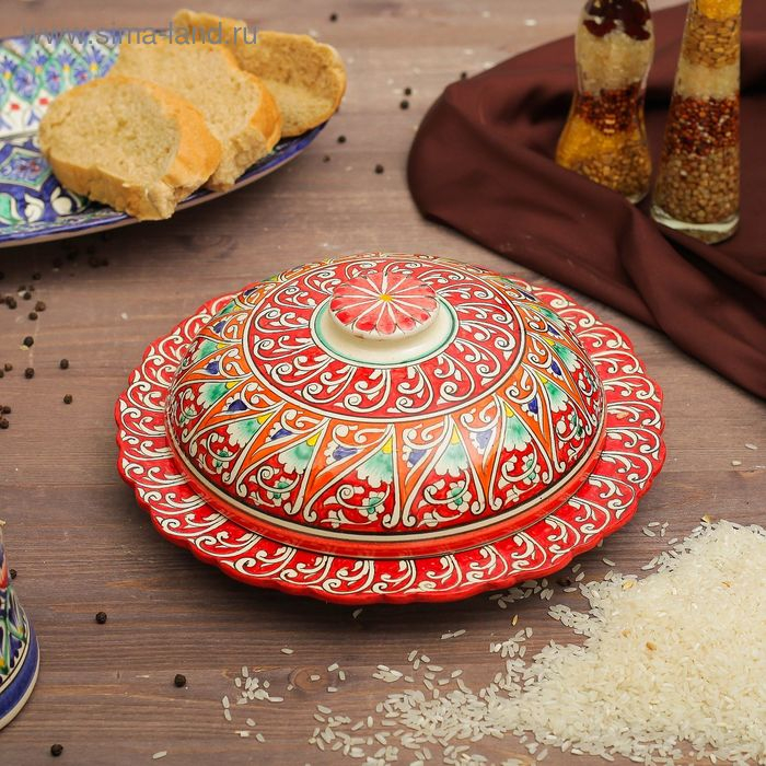 Блинница Риштанская Керамика  Блинница Риштанская Керамика "Цветы", 24 см, красный