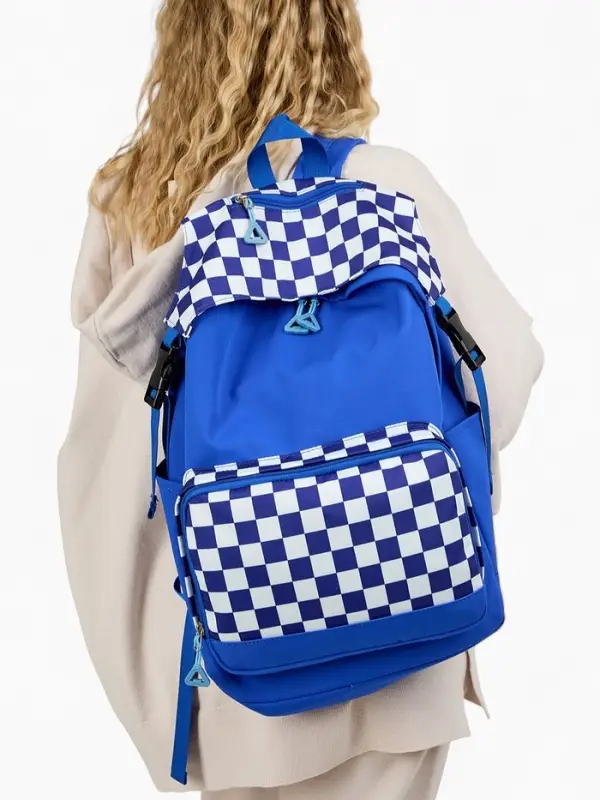 Рюкзак школьный на молнии, с карманами, в клетку, размер 29&times;15&times;40 см, синий