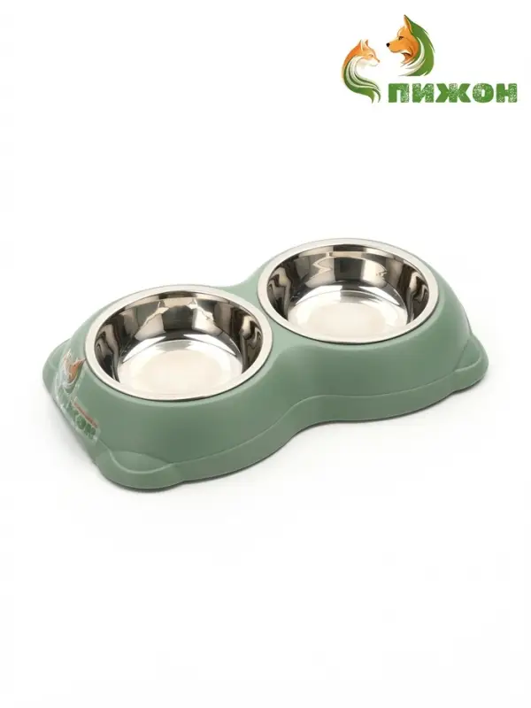 Миска двойная, 26.3&times;16&times;3.9 см, на пластиковом основании, металл, зелёная