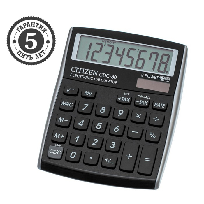 Калькулятор настольный Citizen  Калькулятор настольный Citizen "CDC-80BKWB", 8-разрядный, 109 х 135 х 25 мм, двойное питание, черный