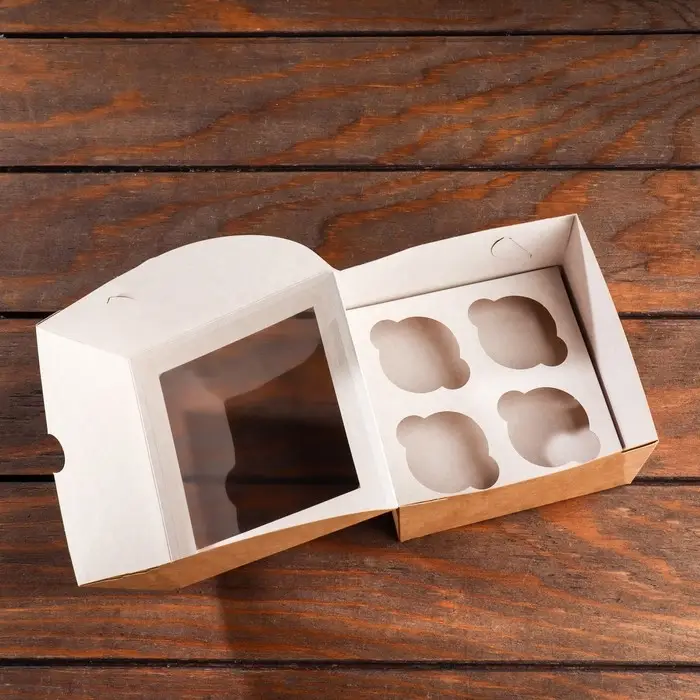 Упаковка на 4 мини - капкейка крафт с окном, 13×13×8 см Упаковка на 4 мини - капкейка крафт с окном, 13×13×8 см