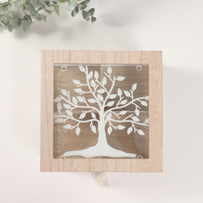 Шкатулка дерево, металл с делениями "Дерево и солнечные узоры" 18,3х18,3х10 см