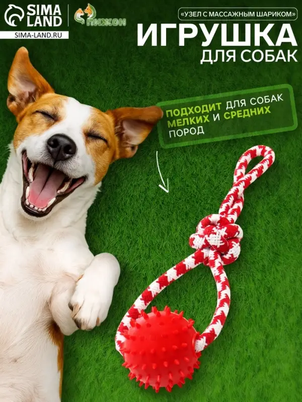 Игрушка канатная &laquo;Узел с массажным шариком&raquo;, до 31 см, до 65 г, цвет МИКС
