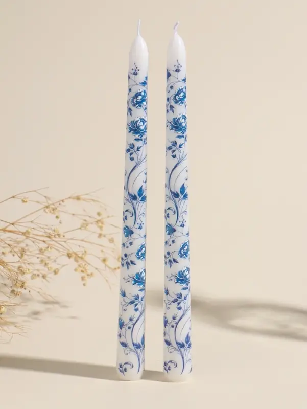 Набор свечей античных, 2,2х25 см, 2 шт "Пионы" сине-белые 8х28х2,3 см
