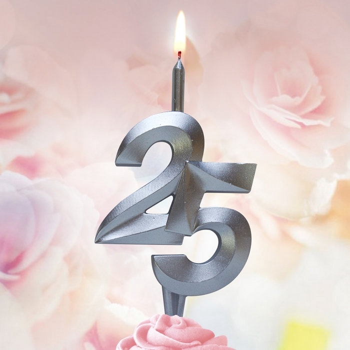 Свеча в торт «Юбилейная», цифра 25, серебряная
