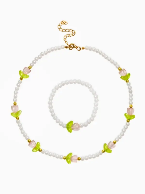 Комплект детский &laquo;Выбражулька. Тюльпаны и жемчуг&raquo;, 2 предмета: бусы, браслет, бело-розовый