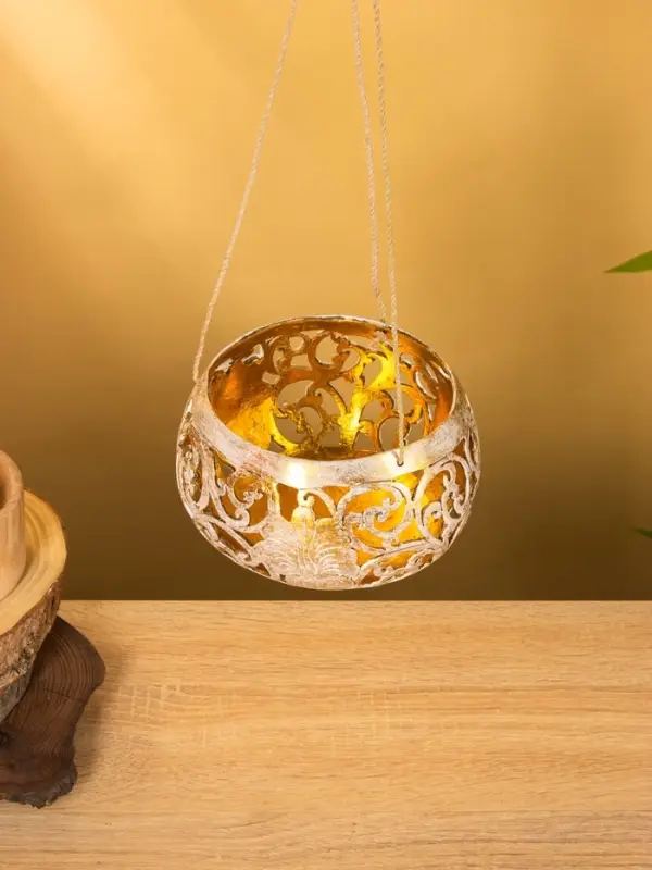 Подсвечник подвесной из кокоса, 14×14×10 см, золотисто-белый