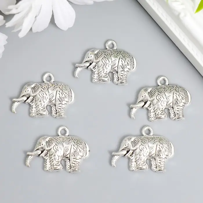 Металлический элемент, декоративная подвеска «Арт Узор. Упитанный слон», серебро, набор 5 шт., 2.1×2.8×0.4 см