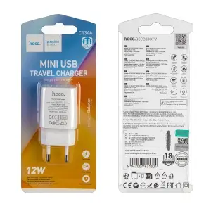 Переходник сетевого зарядного устройства C134A HOCO на USB 2.4A 12W белый