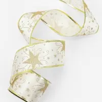 Лента атласная с металлической нитью &laquo;Узоры со звездой&raquo;, 60 мм, 9&plusmn;0.5 м, цвет белый, золотой