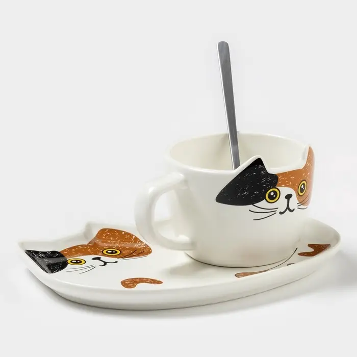 Чайная пара &laquo;Котик&raquo;, 3 предмета: чашка 200 мл, блюдце 18.8&times;13.6 см, ложка, керамика, белая