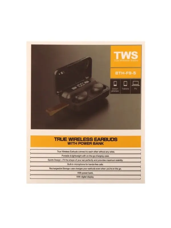 Наушники беспроводные F9-5 VBT 1.28, TWS, вакуумные, Bluetooth 5.0, 800 мАч, водонепроницаемые, чёрные