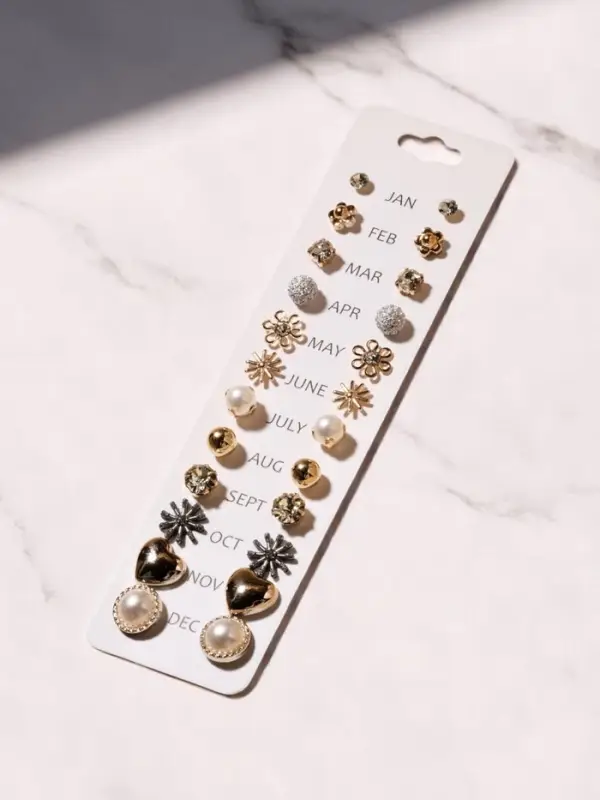 Серьги пусеты One year, 12 пар, цветочное настроение, белые в золоте