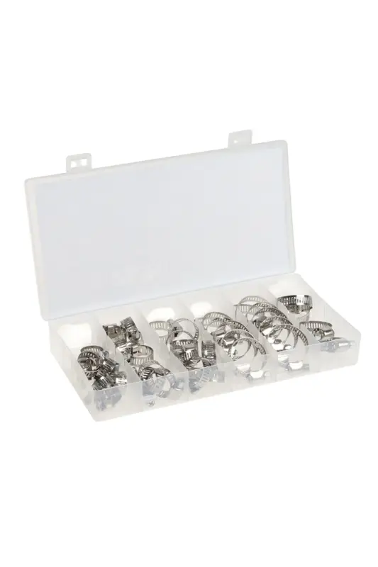 Набор червячных хомутов ZEIN engr, сквозная просечка, от 6 до 29 мм, нерж. сталь, 40 шт.