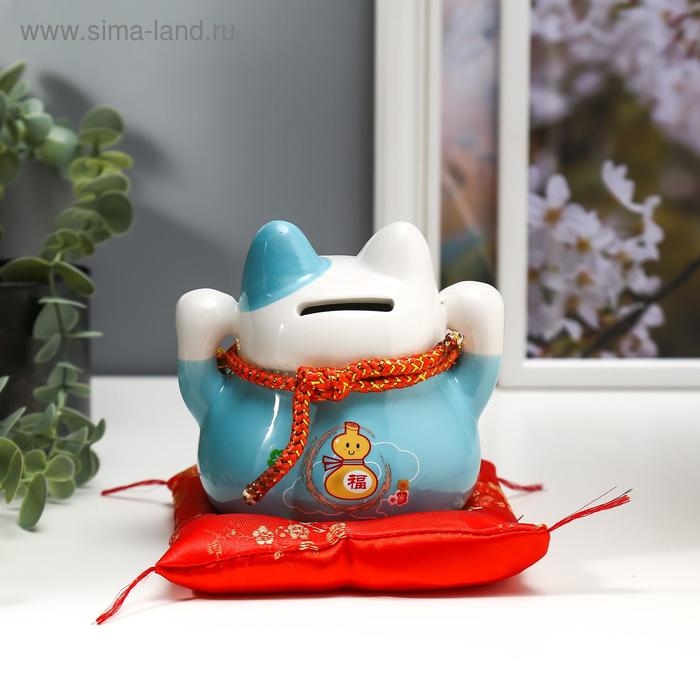 Сувенир керамика копилка Сувенир керамика копилка "Голубой кот Манэки-нэко с колокольчиками" 11,5х11,5х9,5 см