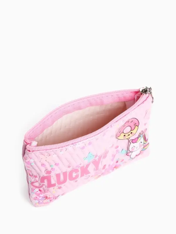 Косметичка на молнии плоская, с подкладкой, маленькая, с принтом, розовая