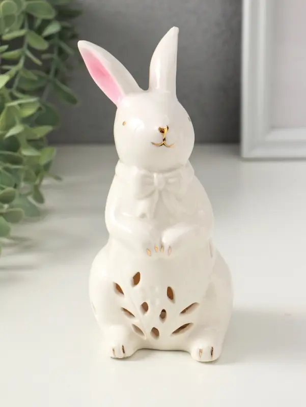 Сувенир керамика свет "Зайка с бантом" белый 7,5х8х15,5 см