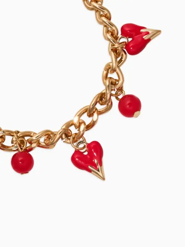 Браслет "Вишневый рай" на цепи, сердечки, цвет красный в золоте