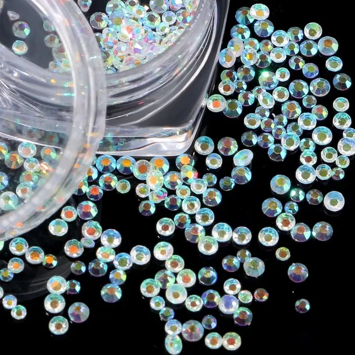 Стразы для декора, круглые, разноразмерные, прозрачные, голографические
