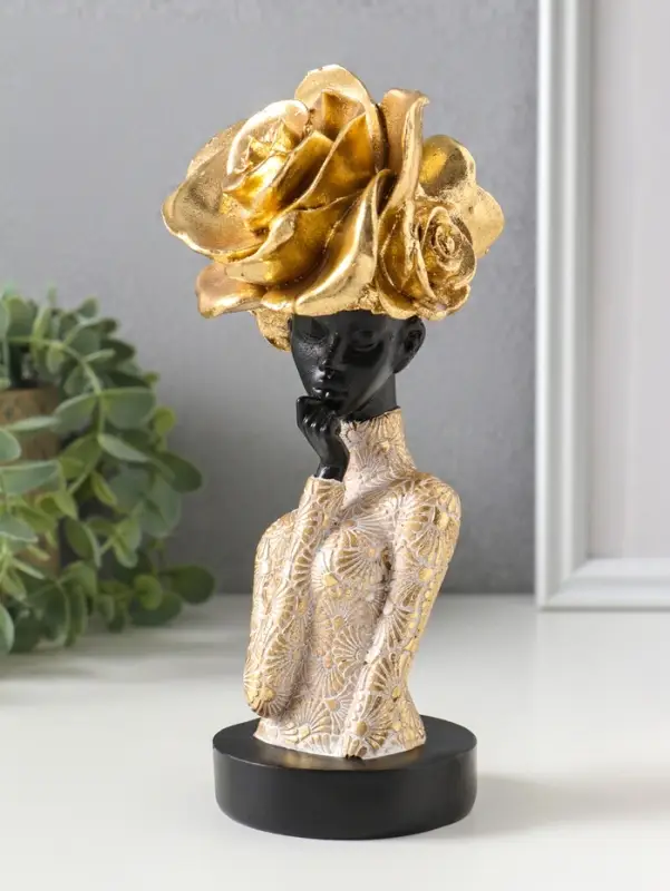Бюст полистоун "Девушка с золотой розой, в наряде с узорами" чёрный 9х7,5х19,5 см