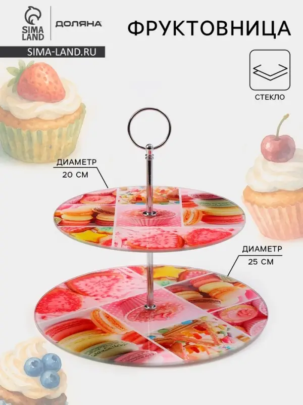 Этажерка-фруктовница круглая Доляна &laquo;Сладости&raquo;, 2 яруса, d=25/20 см, стекло, розовая